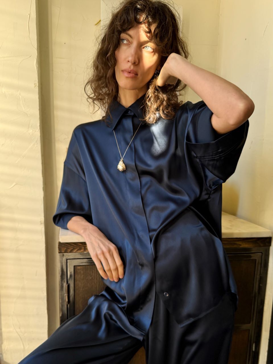 Рубашка с коротким рукавом шелк, синий