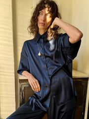 Рубашка с коротким рукавом шелк, синий