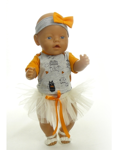 Трикотажный костюм с юбкой - на кукле. Одежда для кукол, пупсов и мягких игрушек.
