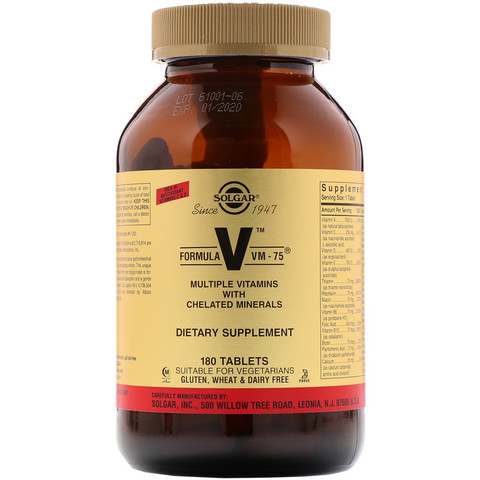 Solgar, Formula V, VM-75, комплексные витамины с хелатными минералами, 180 таблеток