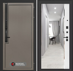 Входная дверь в квартиру Лабиринт Лаб про 1 Велютто кофе с зеркальной вставкой Панорама Белый софт (без текстуры)