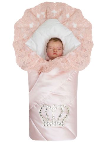 Зимний конверт-одеяло на выписку "Империя" нежно-розовый атлас с розовым кружевом и большой короной на липучке без пледа