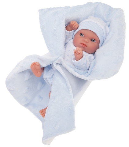 Munecas Antonio Juan Кукла-младенец Роберто на голуб. одеялке, 21см