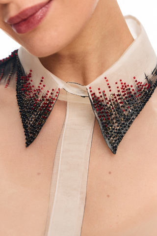 Удлиненная шелковая рубашка из прозрачной органзы с ручной вышивкой