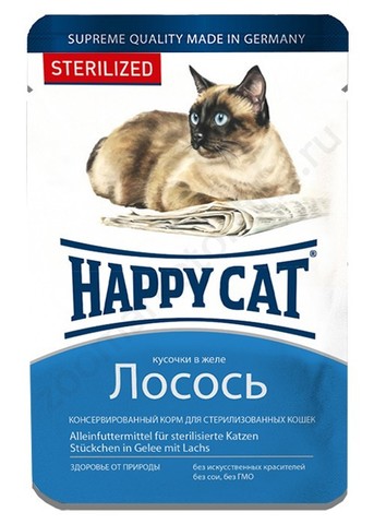 Happy Cat пауч для стерилизованных кошек (лосось, кусочки) 100г
