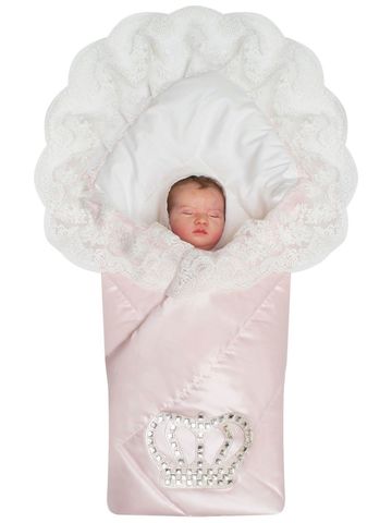 Зимний конверт-одеяло на выписку "Империя" нежно-розовый атлас с белым кружевом и большой короной на липучке без пледа