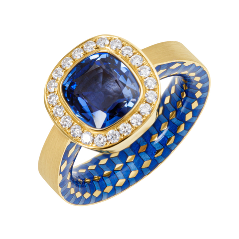 Кольцо с Сапфиром и Бриллиантами, Эмаль, R0176-50/5