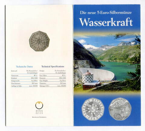 5 евро 2003 год. Гидроэлектростанция. Австрия. Серебро в оригинальном буклете