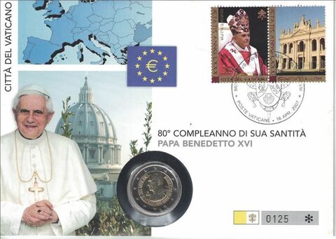 2 евро Ватикан 80-летие со дня рождения Папы Римского Бенедикта XVI / 2007 в конверте с марками