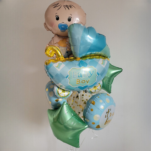 Букет шаров на выписку мальчика с коляской и малышом