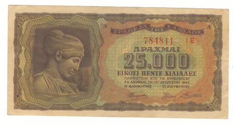 Банкнота 25 000 драхм. 1943 г. Греция. VF