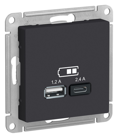Розетка USB-зарядка двойная А+С 5В/2,4 А, 2х5В/1,2 А. Цвет Карбон. Schneider Electric(Шнайдер электрик). AtlasDesign Nature. ATN001039