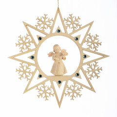 Ангел с мандолиной со стразами Сваровски, деревянная снежинка с подвесом, 16 см, Италия