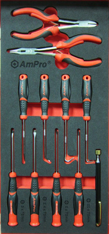 Набор инструмента (отвертки, крючки, плоскогубцы, магнит) 11 предметов в мягком ложементе, AmPro