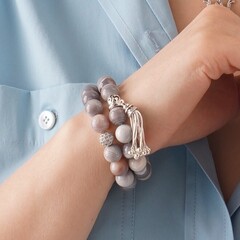 Браслет из агата Ботсвана и шарика с фианитами, silver