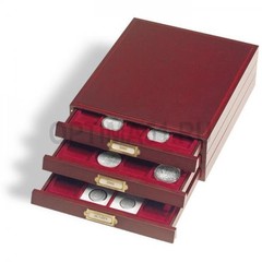 Элегантная деревянная кассета LIGNUM, на 20 квадратных ячеек 48х48 mm, "красное дерево", вставка темно красный бархат