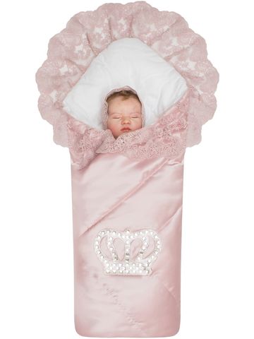 Зимний конверт-одеяло на выписку "Империя" утренняя роза с розовым кружевом и большой короной на липучке без пледа