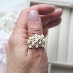 Кольцо с фианитами и бусинами, позолота Д118