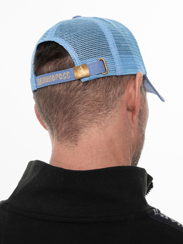 Бейсболка с сеткой «Лапы Русского Медведя» цвета синего денима с 3D вышивкой лого