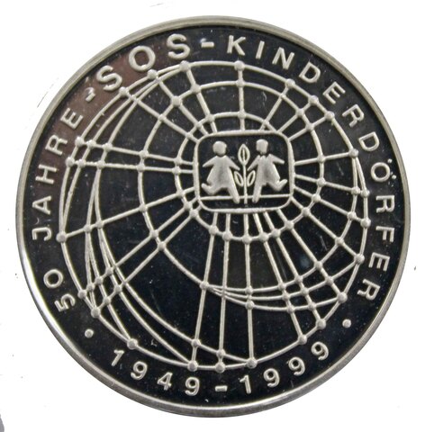 10 марок. 50 лет благотворительной организации по поддержке детей сирот (G). Серебро. 1999 г. PROOF