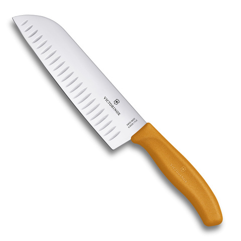 Нож Victorinox сантоку, лезвие 17 см рифленое, оранжевый, в картонном блистере