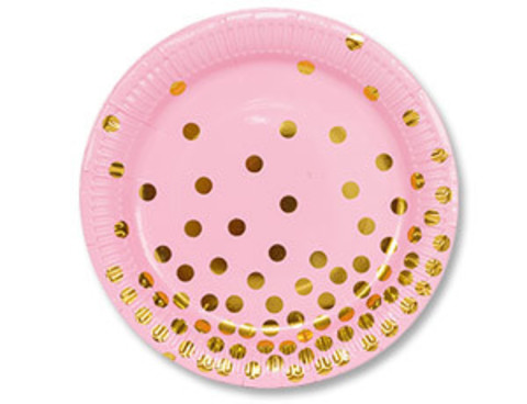 Тарелки Горошек золотой на розовом, 23 см, 6 шт.