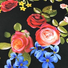 Ткань хлопок сатин с эластаном с маленькими розами на черном фоне 2024