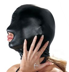 Черная эластичная маска на голову с отверстием для рта - 