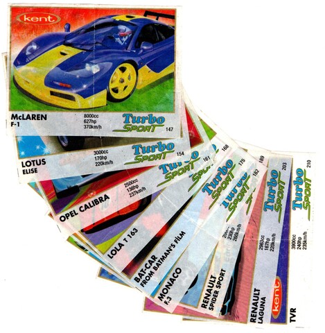 Вкладыши от жвачки Turbo Sport - Турбо Спорт 9 штук без повторов. Серия 141 - 210.