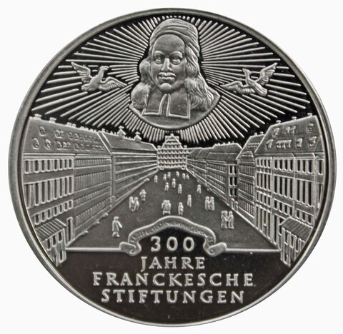 10 марок. 300 лет Франкскому благотворительному фонду (G). Серебро. 1998 г. PROOF. В родной запайке