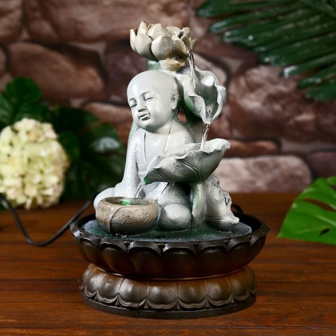 Фонтан настольный от сети, подсветка Маленький Будда с лотосом