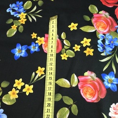 Ткань хлопок сатин с эластаном с маленькими розами на черном фоне 2024