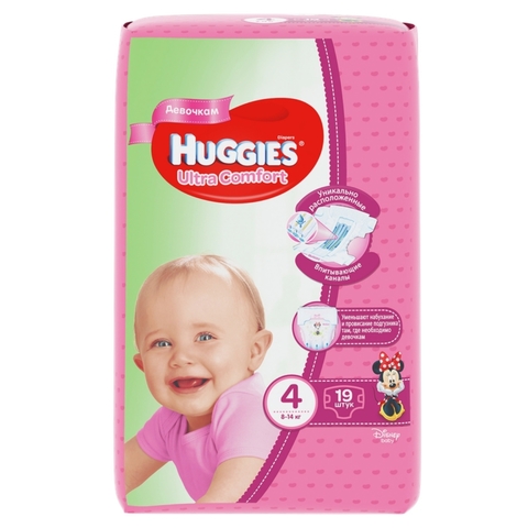 Подгузники HUGGIES Ультра Комфорт д/девочек 19 шт №4 8-14 кг РОССИЯ