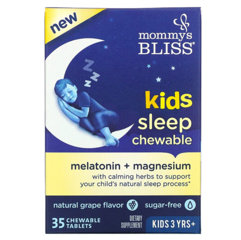 Mommy's Bliss, детские жевательные таблетки для сна, мелатонин + магний, для детей от 3 лет, виноград, 35 шт