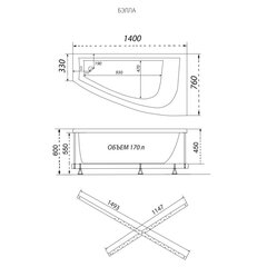 ВАННА АКРИЛОВАЯ TRITON БЕЛЛА ЭКСТРА 1400х760 левая с каркасом и сифоном