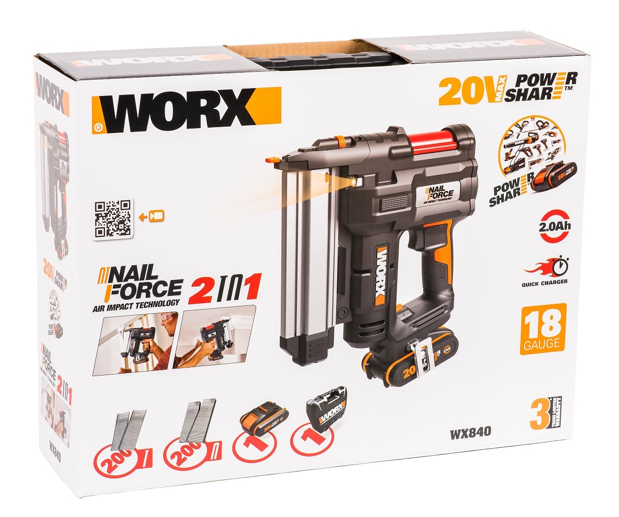 Аккумуляторный Гвозде-скобозабиватель WORX WX840 20В, 2Ач х1, ЗУ, кейс