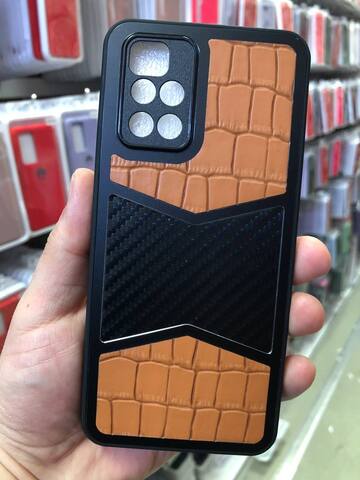 Силиконовый чехол с карбоном и эко-кожей Durable case UD series для Xiaomi Redmi 10 (Оранжевый)
