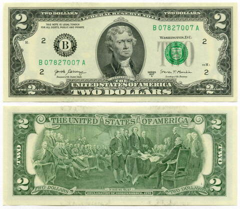 Банкнота США 2 доллара 2017A B 07827007 A (Нью-Йорк). AUNC