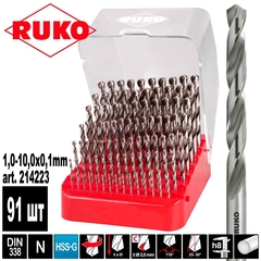 Набор сверл по металлу 1-10мм 91шт DIN338 HSS-G 118° (пл. кейс) Ruko 214223