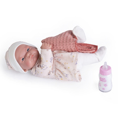 Munecas Antonio Juan Кукла пупс Вера в платье, 26 см, виниловая, с бутылочкой (84087)