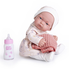 Munecas Antonio Juan Кукла пупс Вера в платье, 26 см, виниловая, с бутылочкой (84087)