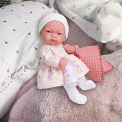 Munecas Antonio Juan Кукла пупс Вера в платье, 26 см, виниловая, с бутылочкой (84087)