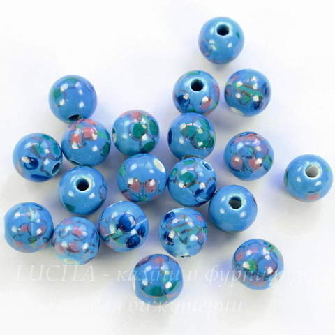 Бусина фарфоровая ручной работы, шарик ,"Синий цветок на голубом фоне", 10 мм