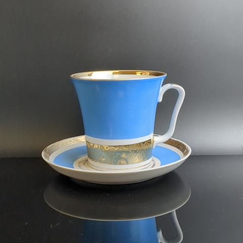 Чайная пара фарфоровая, золочение, роспись, "Голубая гавань", "Аврора", ЛФЗ, вне гр, винтаж СССР 1970-1986 гг