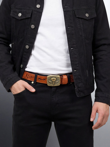 Кожаный ремень «Слава Русскому Десанту» рыжего цвета