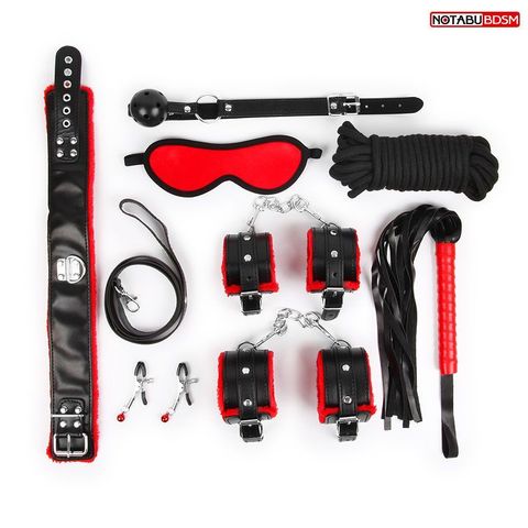 Стильный черно-красный набор БДСМ: маска, кляп, зажимы, плётка, ошейник, наручники, оковы, верёвка - Notabu NOTABU NTB-80616