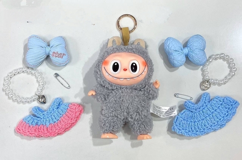 Игрушка брелок LABUBU с бантиками, серо-голубой