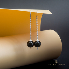 Серьги-протяжки Luna. Серебро, тёмно-зелёный нефрит.