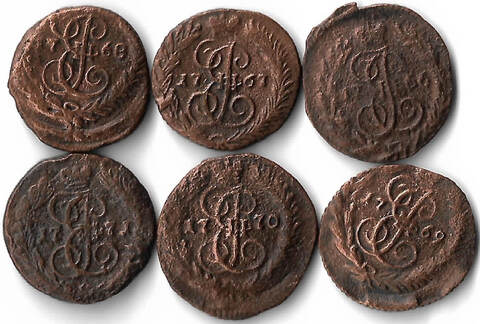 Набор медных монет 1766-1771 года (6 монет) Полушка ЕМ (F)