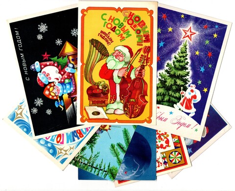 Подборка поздравительных Новогодних открыток — 8 штук — разные художники —чистые, без повторов, времен СССР